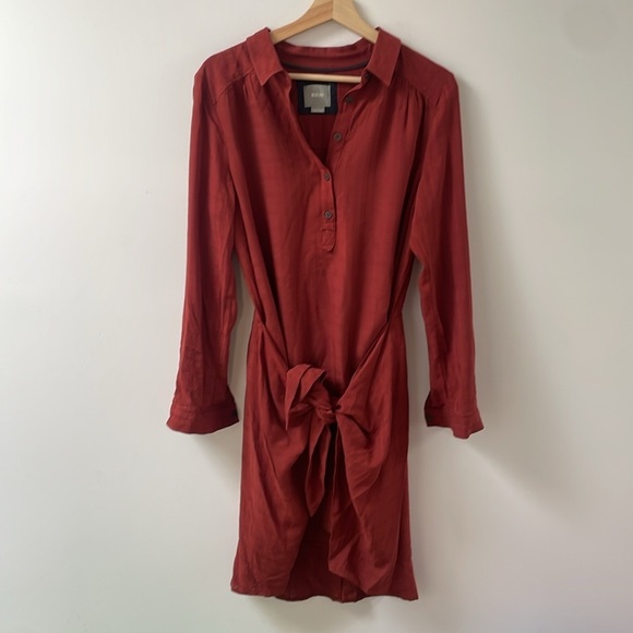 Maeve Anthropologie Bloomsbury Shirt Dress 8 Red Brown Rust Rayon Wrap Tie - Picture 4 of 13